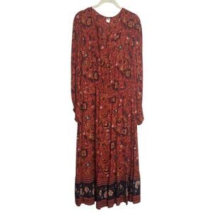 Old Navy Floral Maxi Dress Size M Rust Smocked Waist Long Sleeve